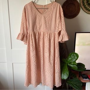 Petallush Blush Bell Sleeve V Neck Gathered Waist Eyelet Cotton Midi Dress - S